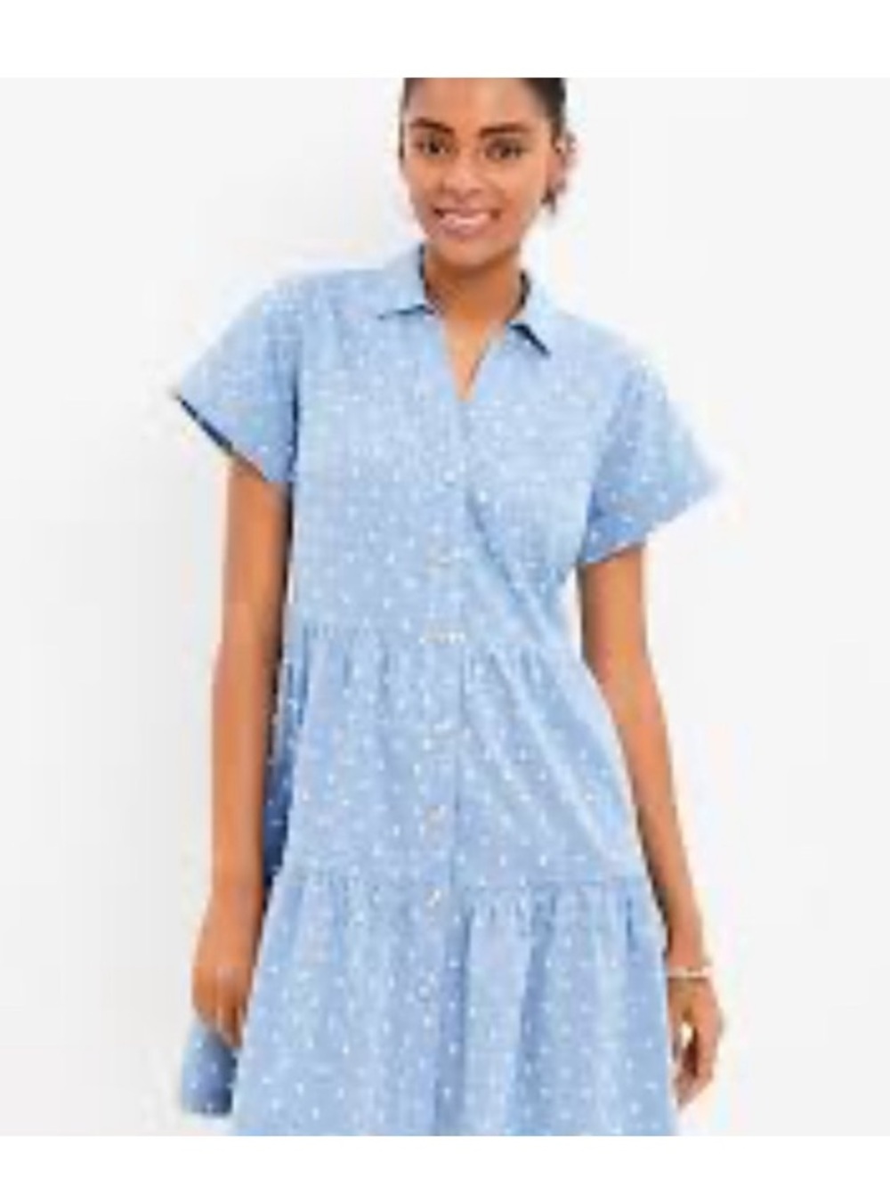 LOFT Womens Chambray Blue Polka Dot Dress Collared Short Sleeve A line Size L